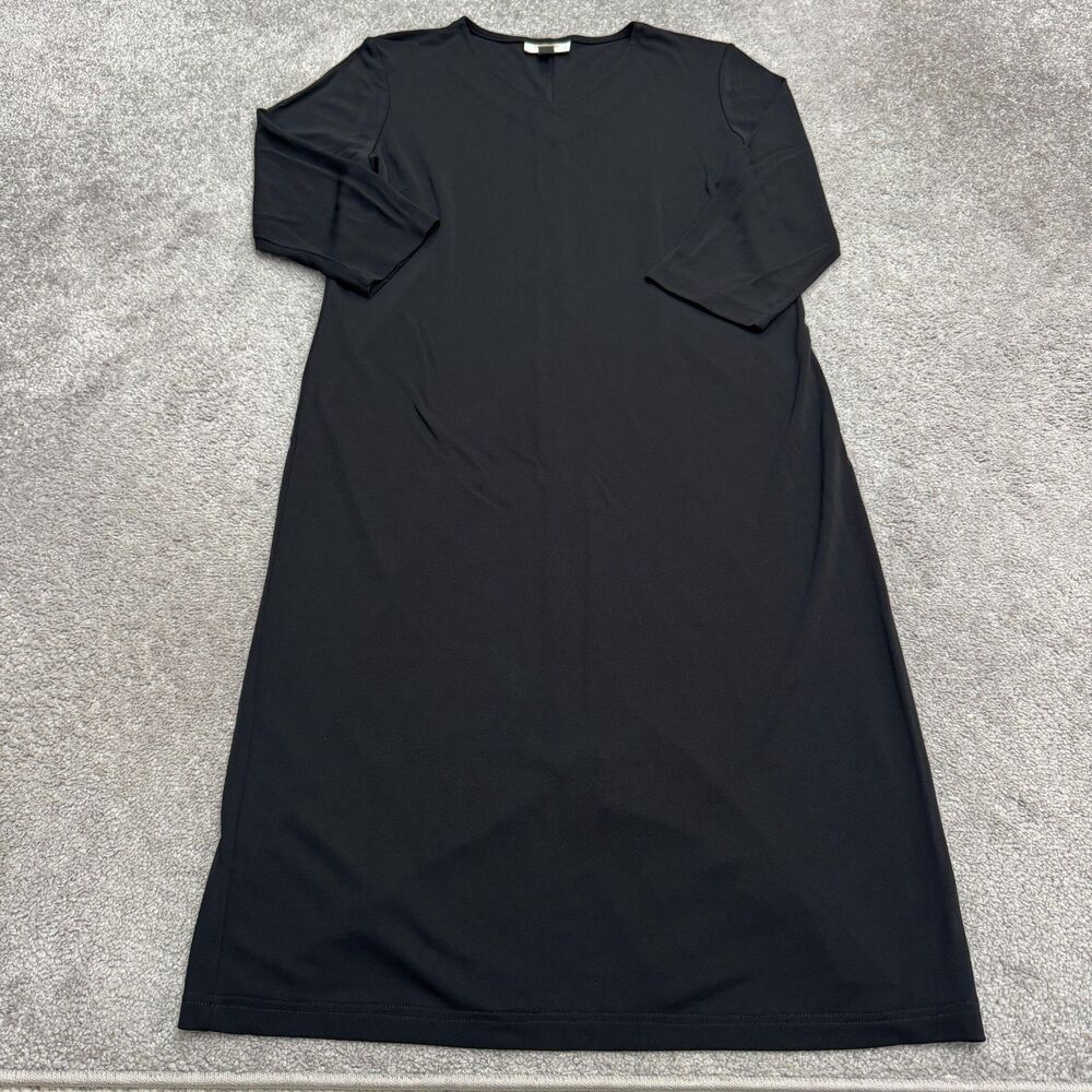 Vintage Talbots V-Neck 3/4 Sleeve Knit Midi Dress Women L Black Made In Korea